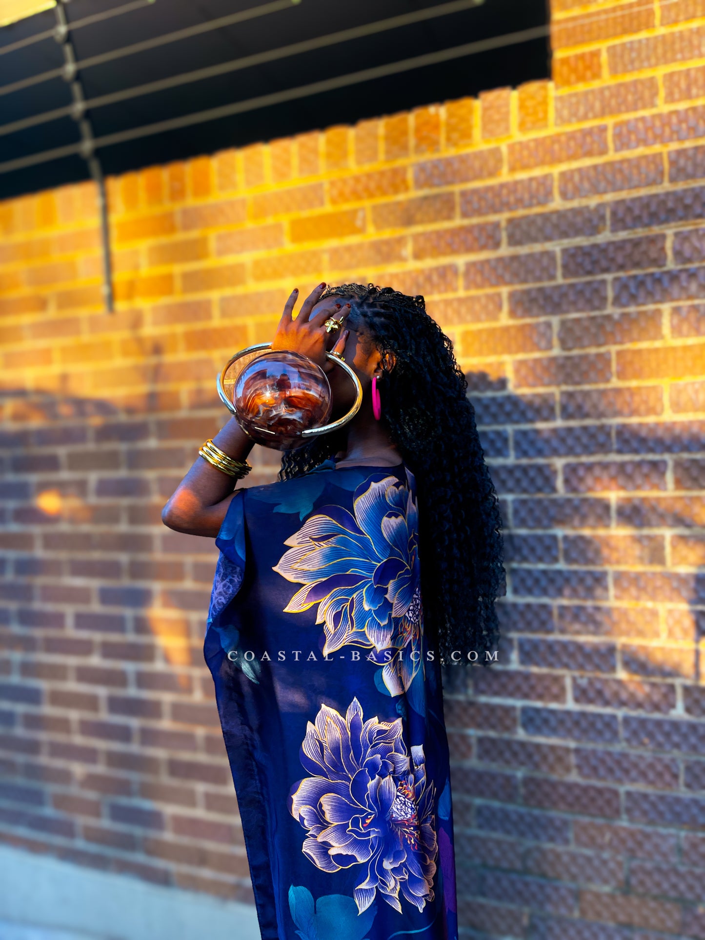 Navy Blue x Purple Flowers Silk Dera