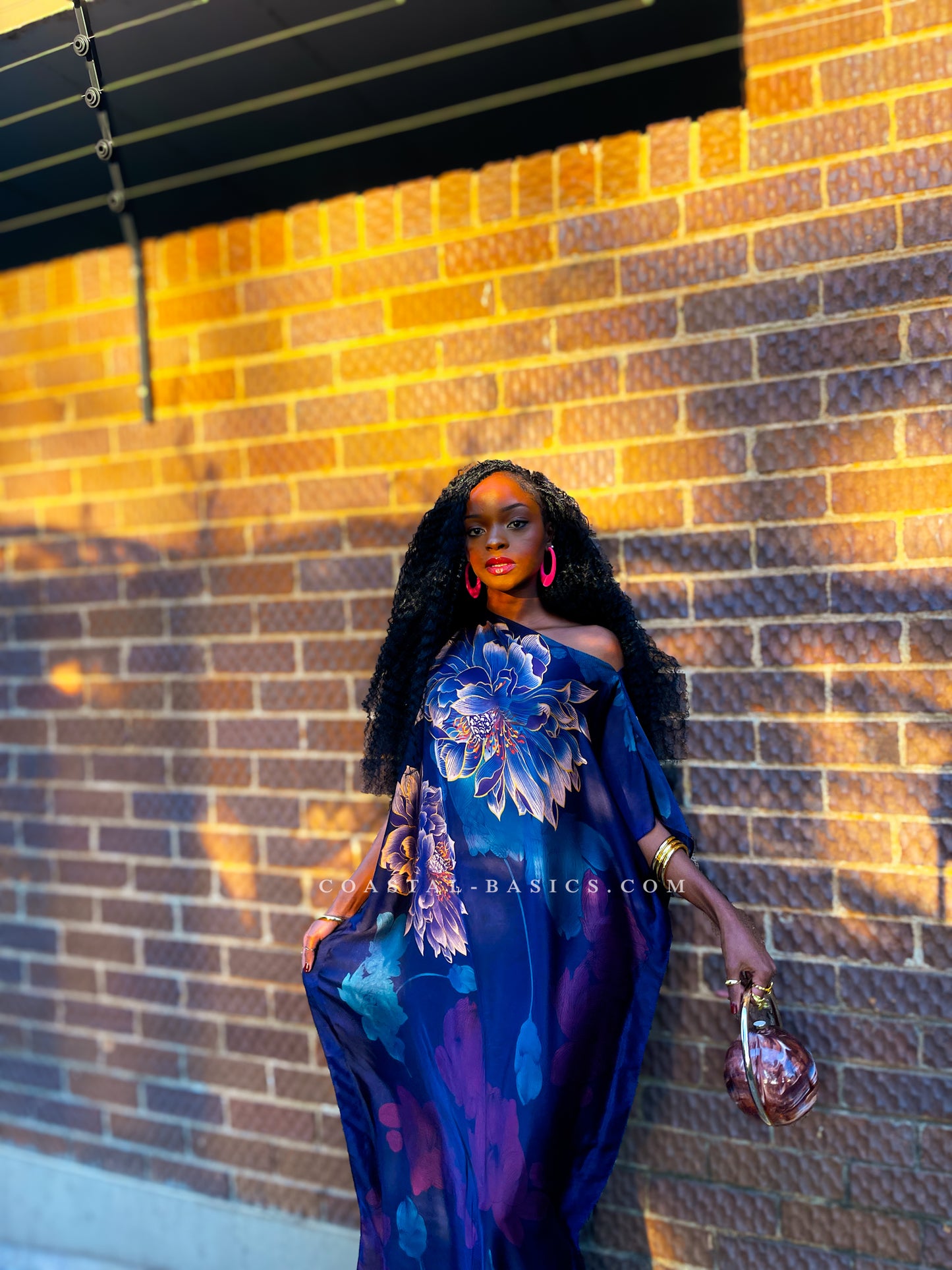 Navy Blue x Purple Flowers Silk Dera