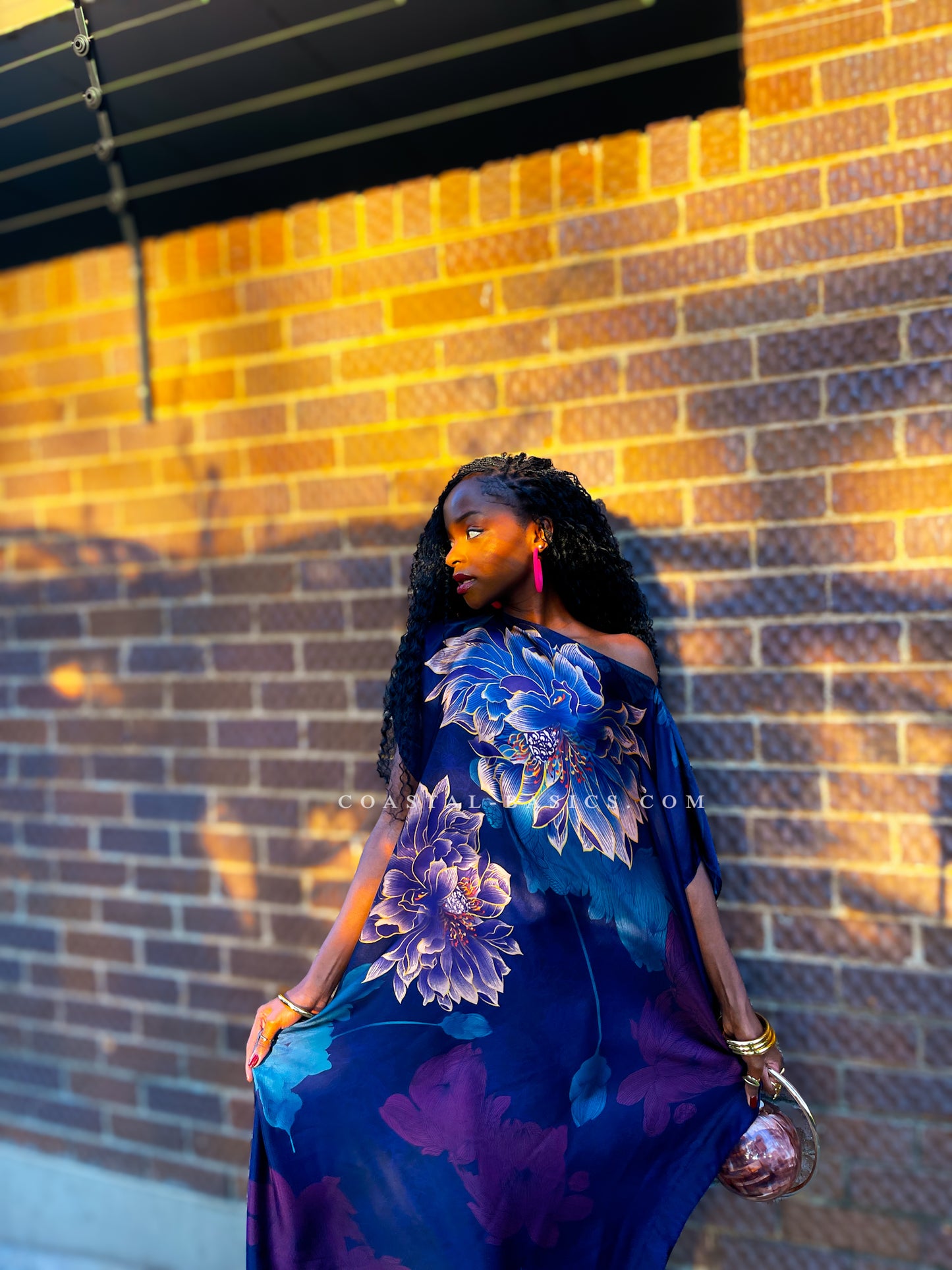 Navy Blue x Purple Flowers Silk Dera