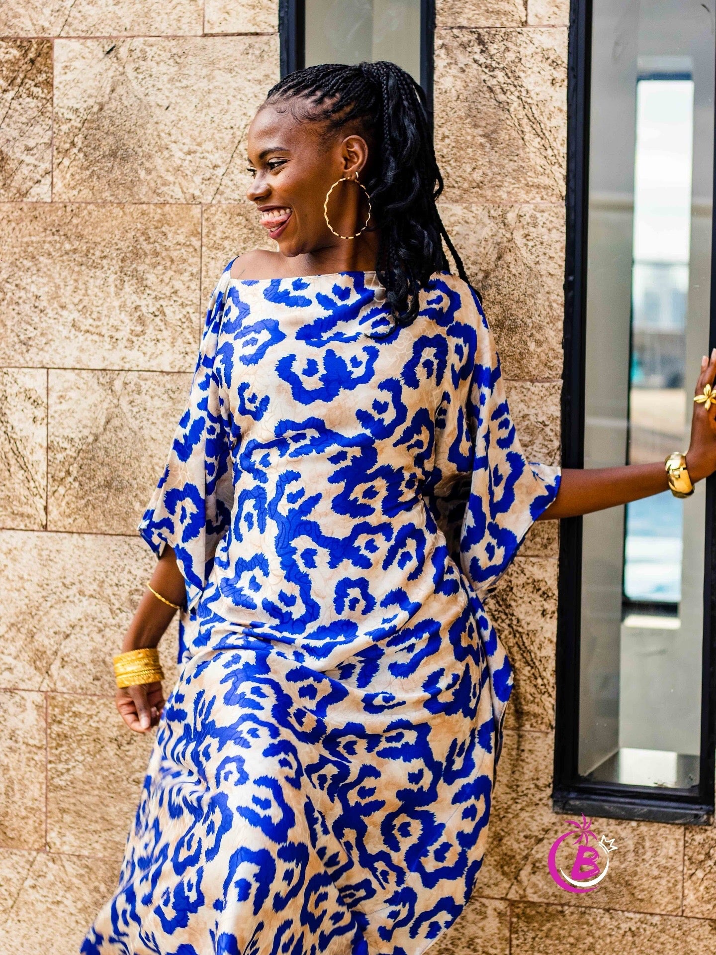 Santana Blue Abstract Print Butterfly Kaftan