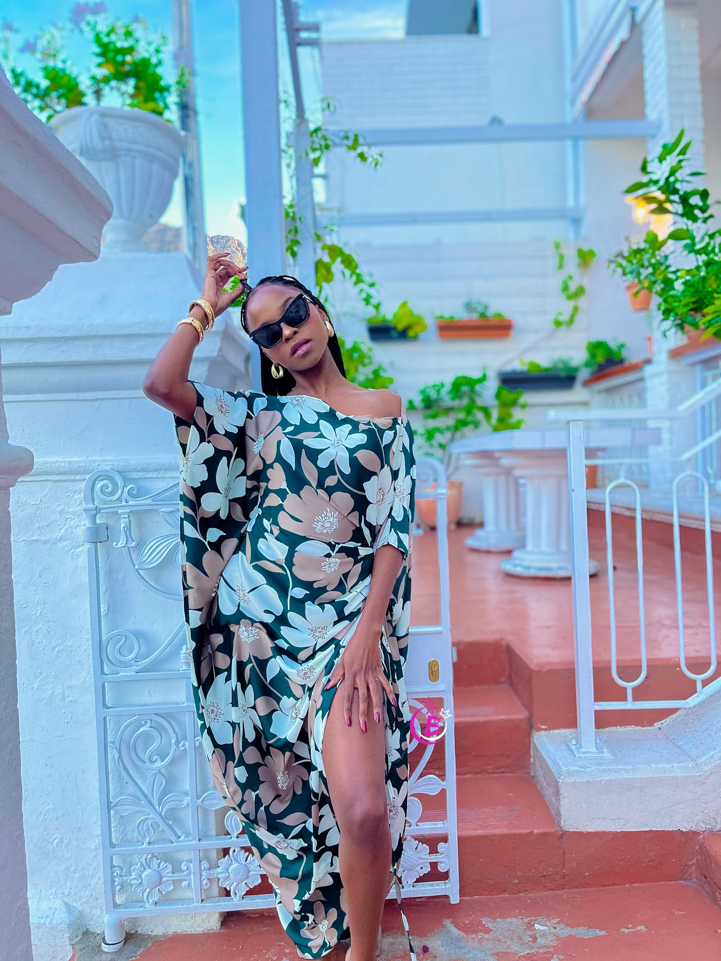 Ines Flowers Silk Slit Kaftan