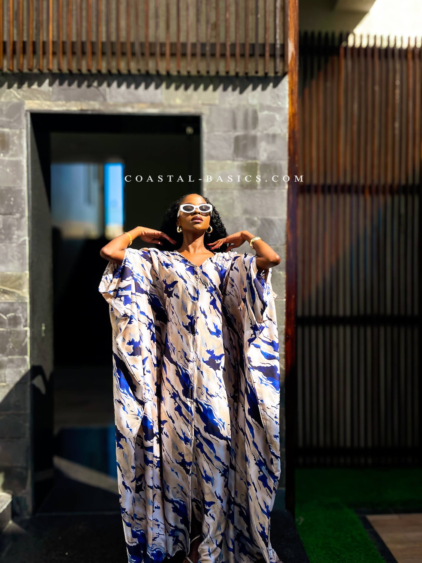 Grace Blue Abstract Paint Button Down Kaftan