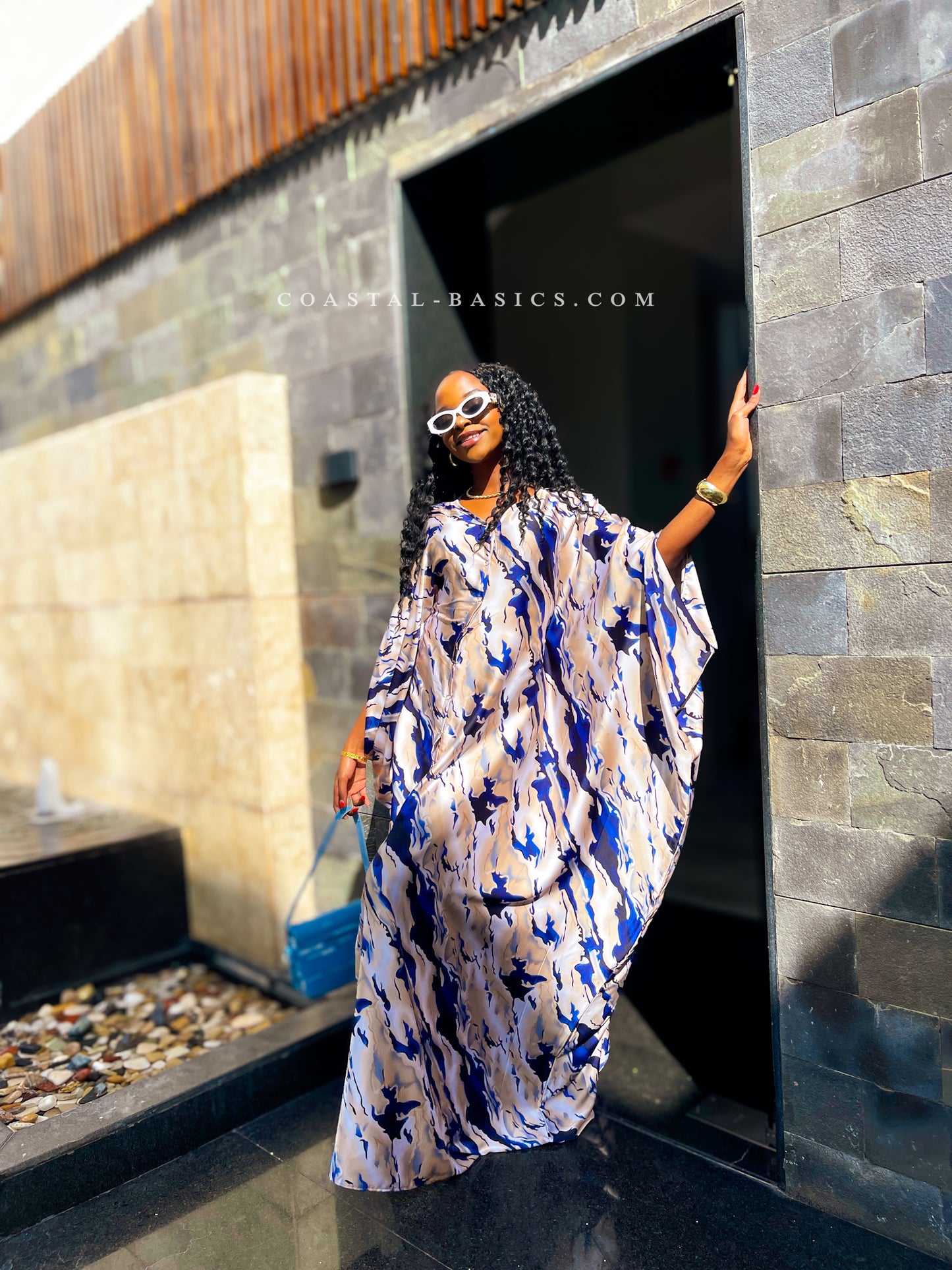 Grace Blue Abstract Paint Button Down Kaftan