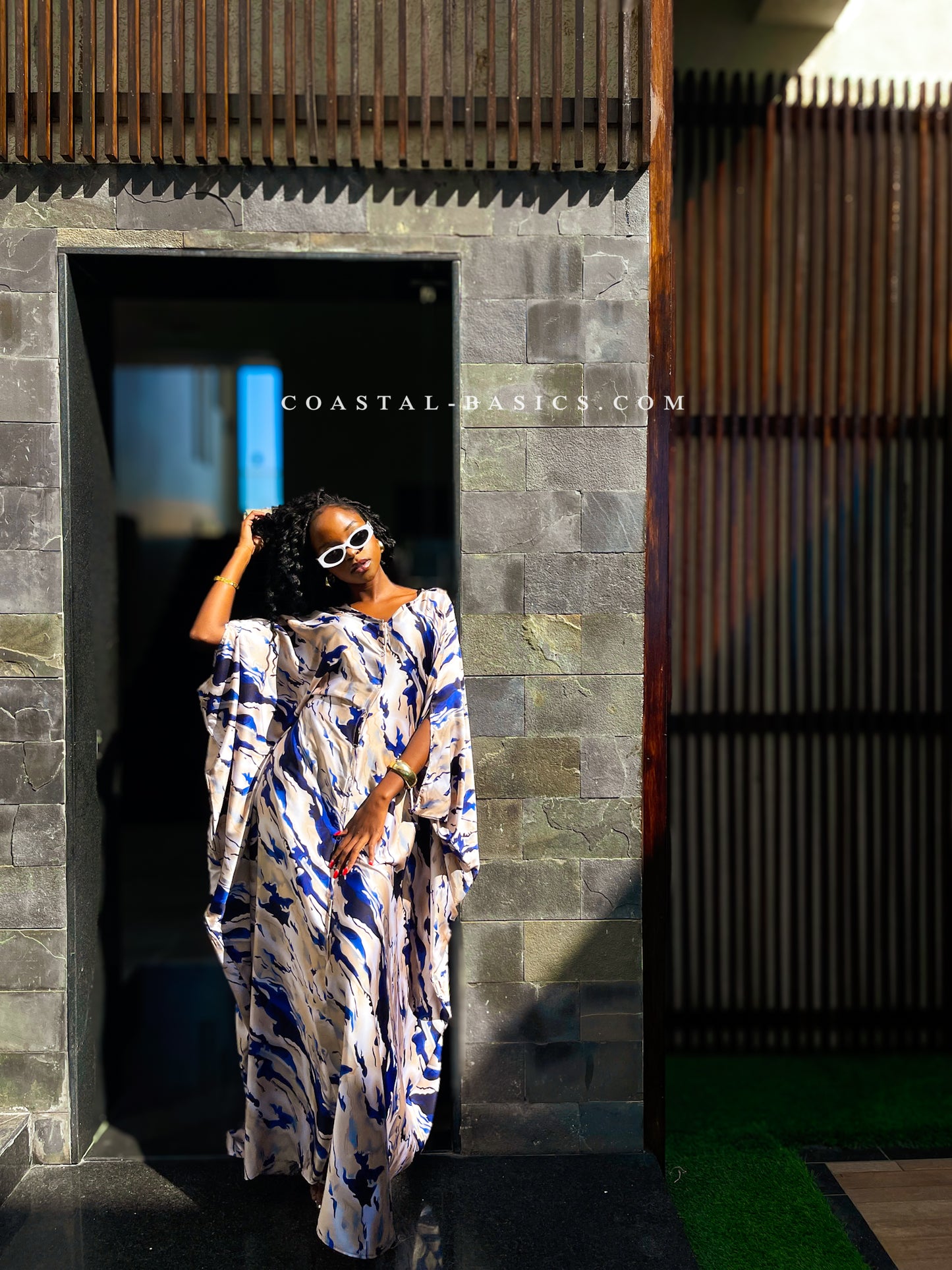 Grace Blue Abstract Paint Button Down Kaftan