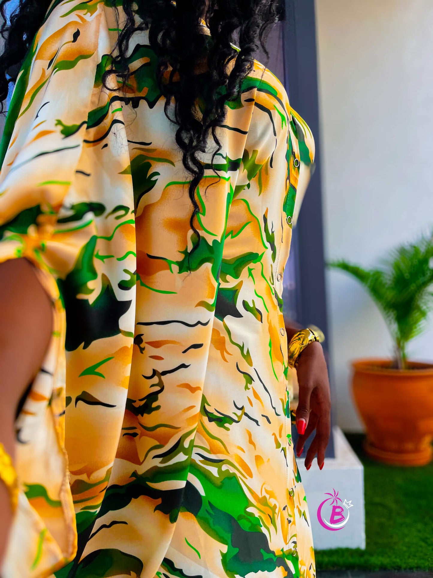 Grace Green Abstract Paint Button Down Kaftan