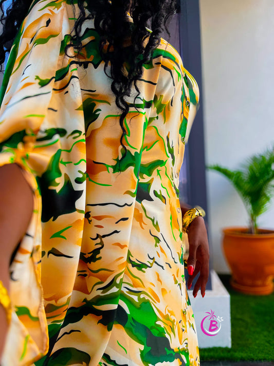 Grace Green Abstract Paint Button Down Kaftan