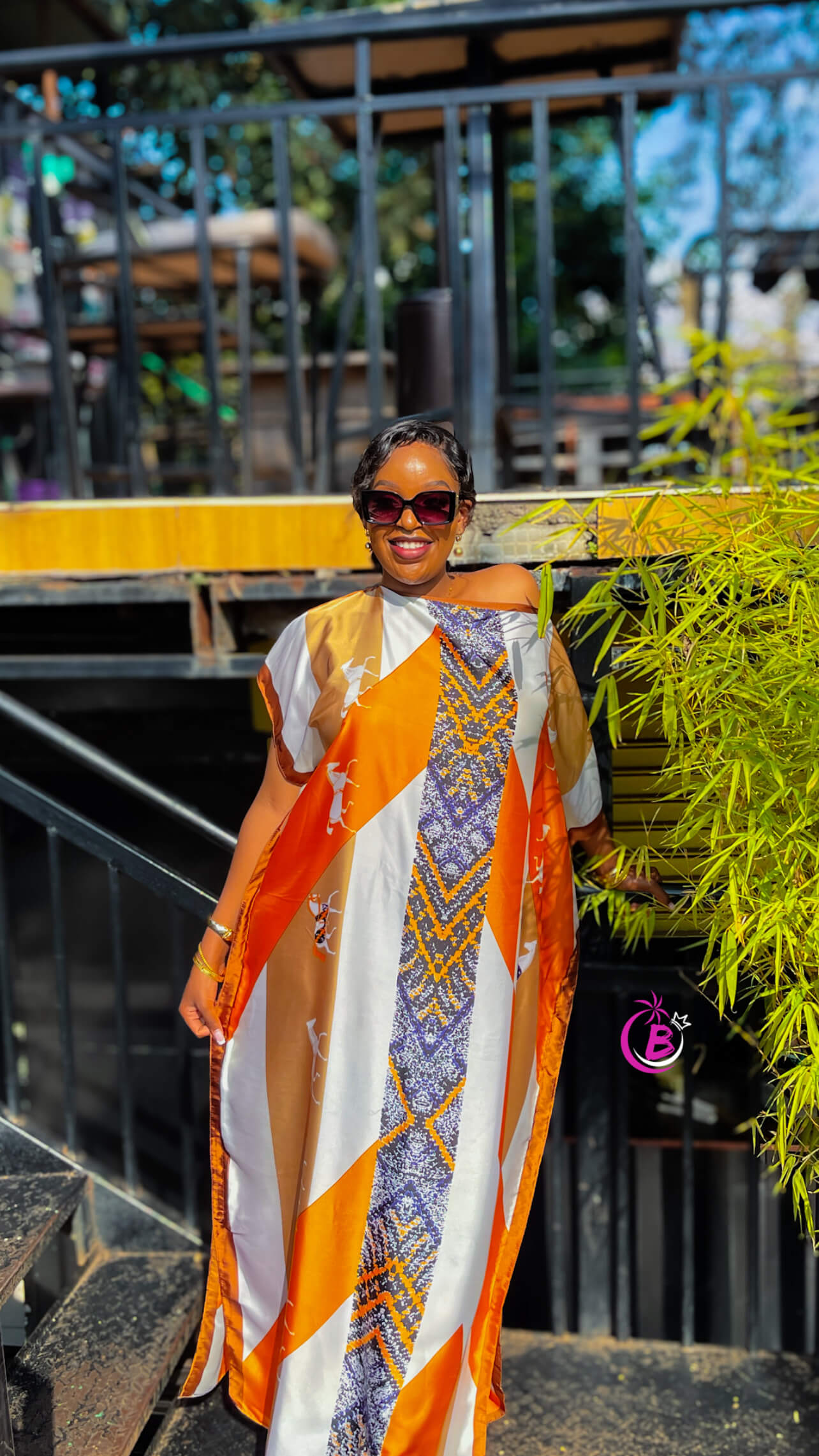 Orange Geometric Print Silk Dera