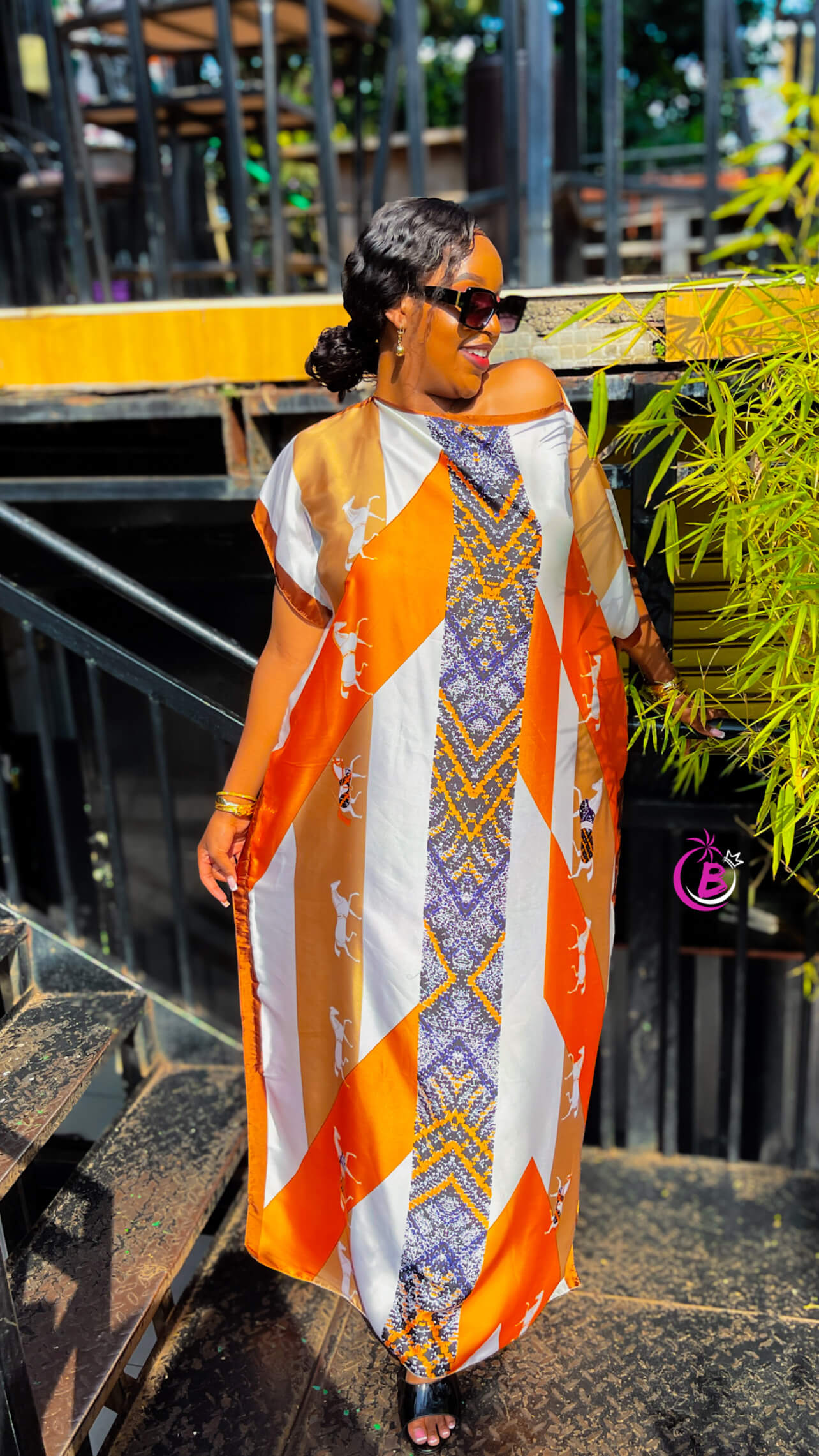 Orange Geometric Print Silk Dera