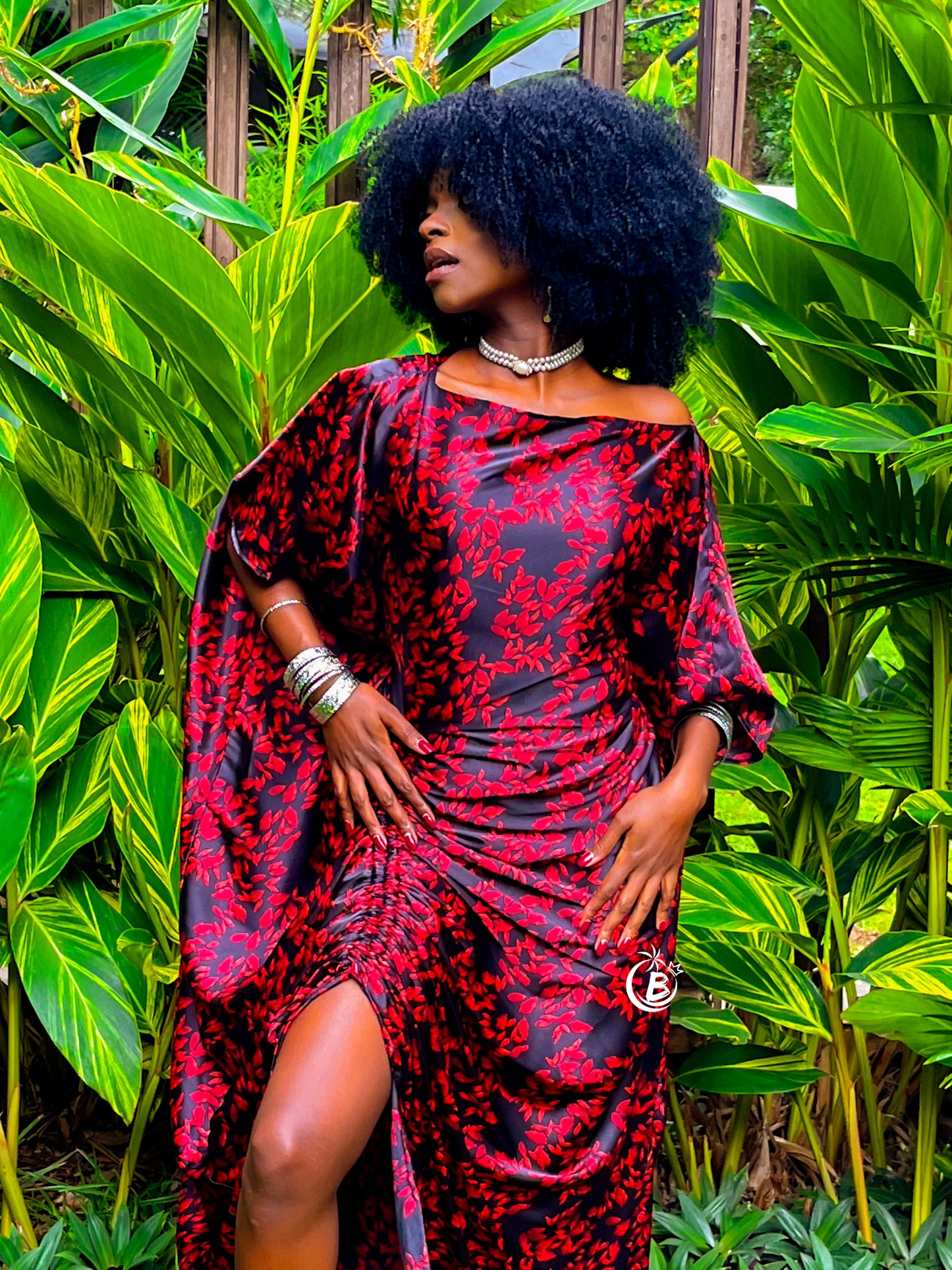 Red Flowers Silk Slit Kaftan