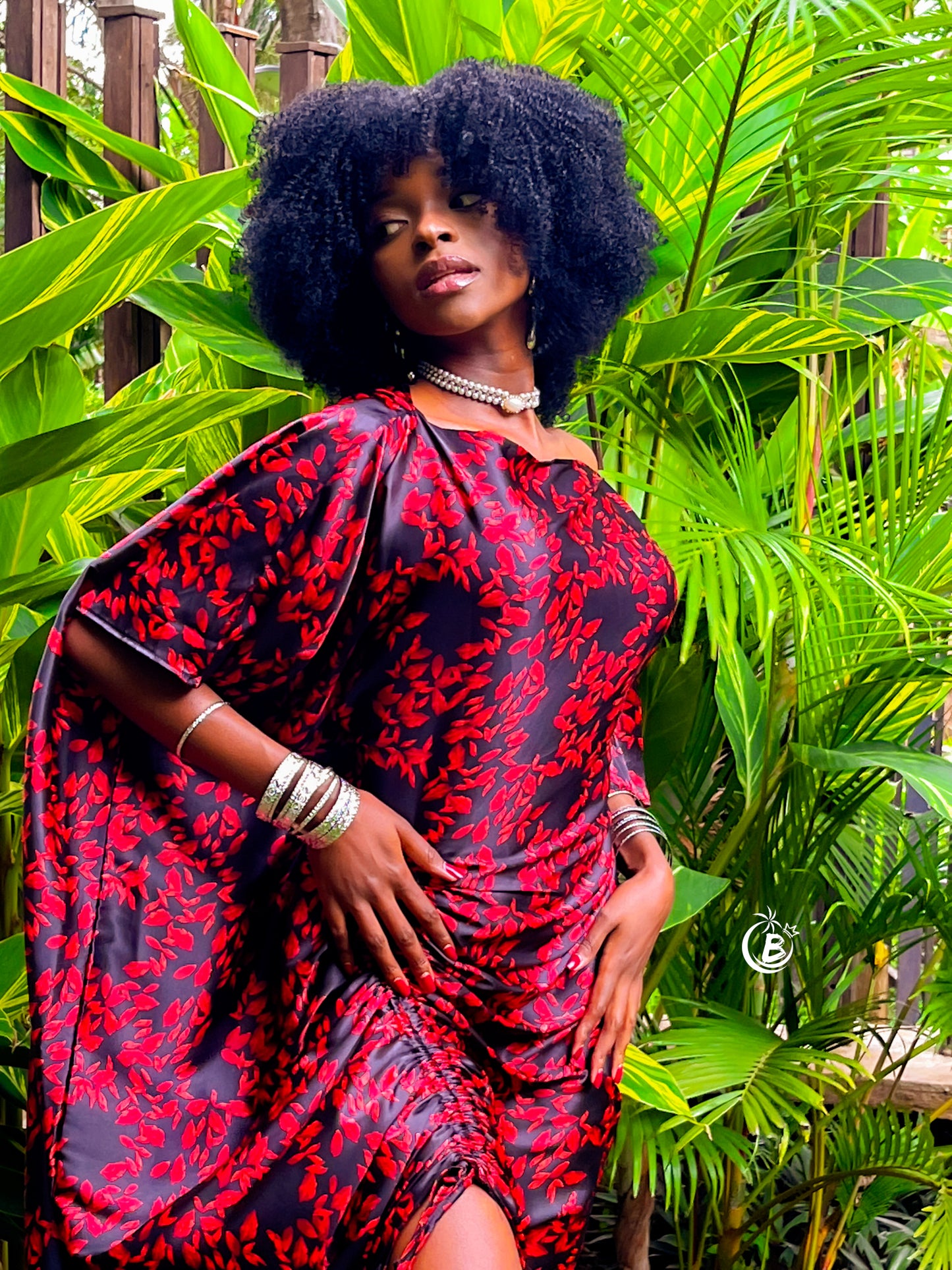 Red Flowers Silk Slit Kaftan