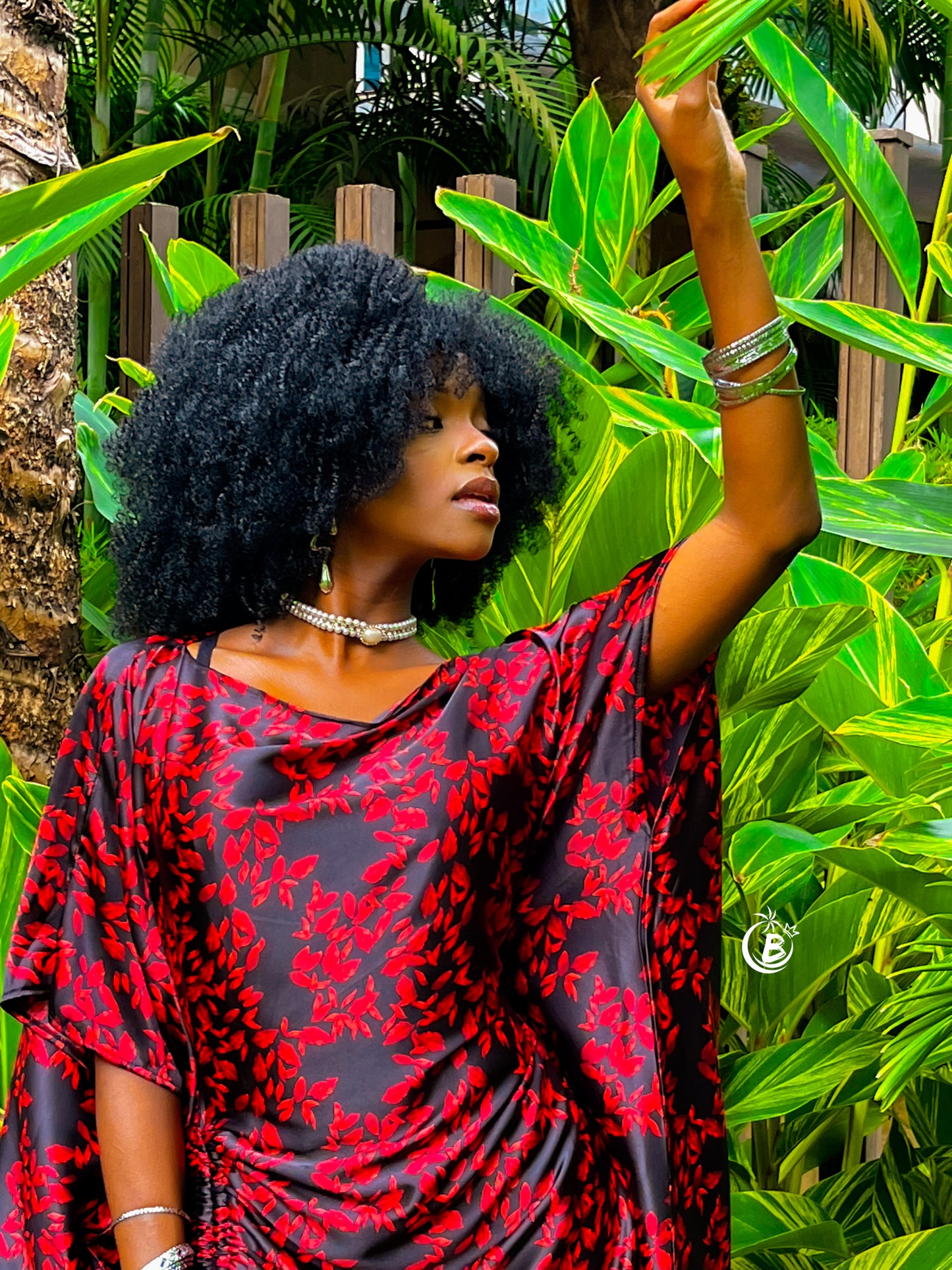 Red Flowers Silk Slit Kaftan