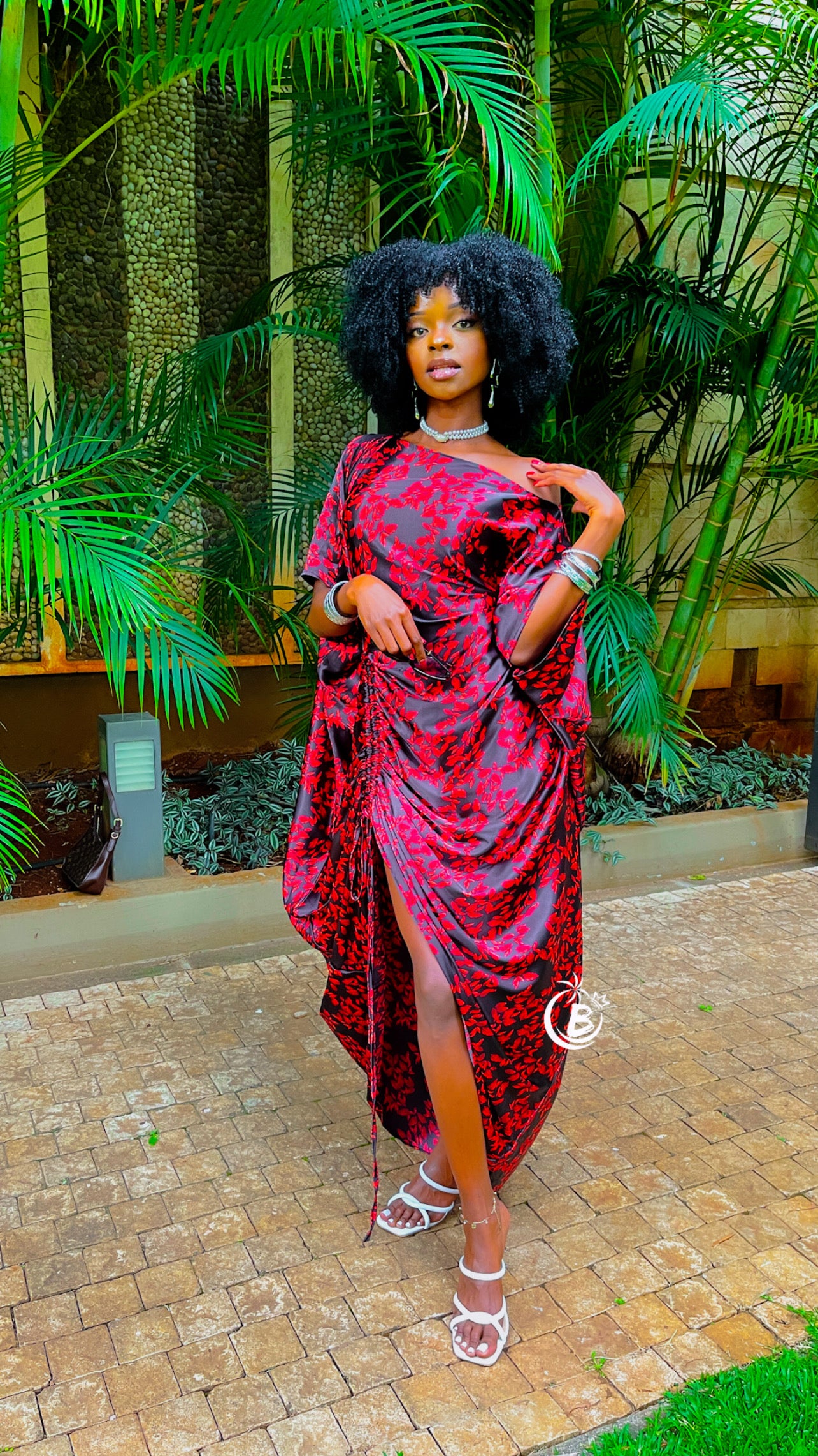 Red Flowers Silk Slit Kaftan