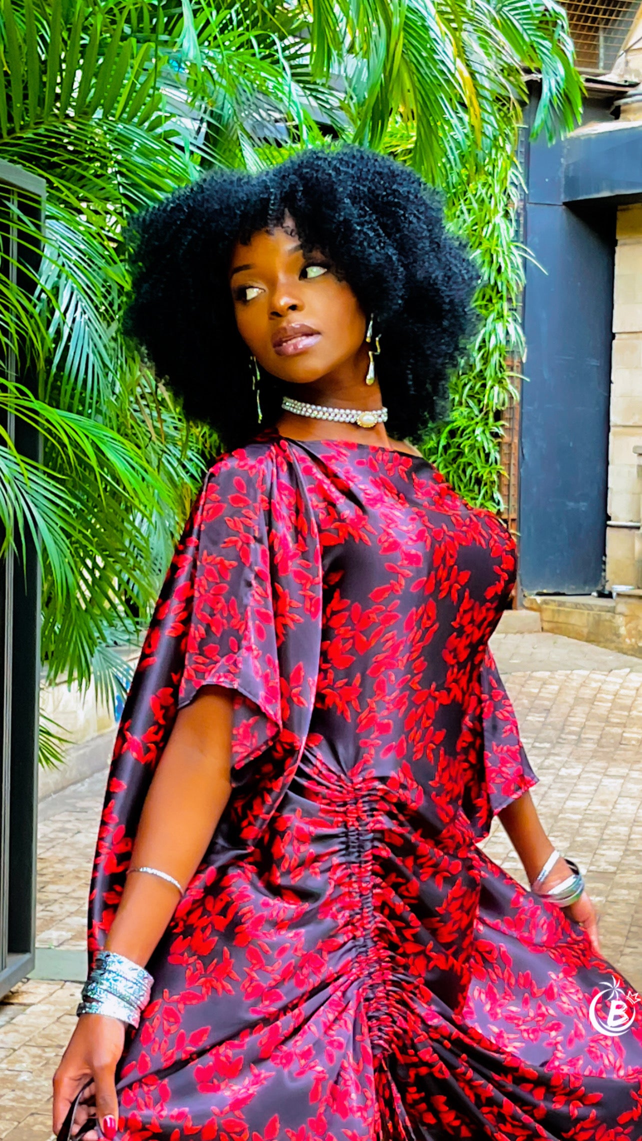 Red Flowers Silk Slit Kaftan