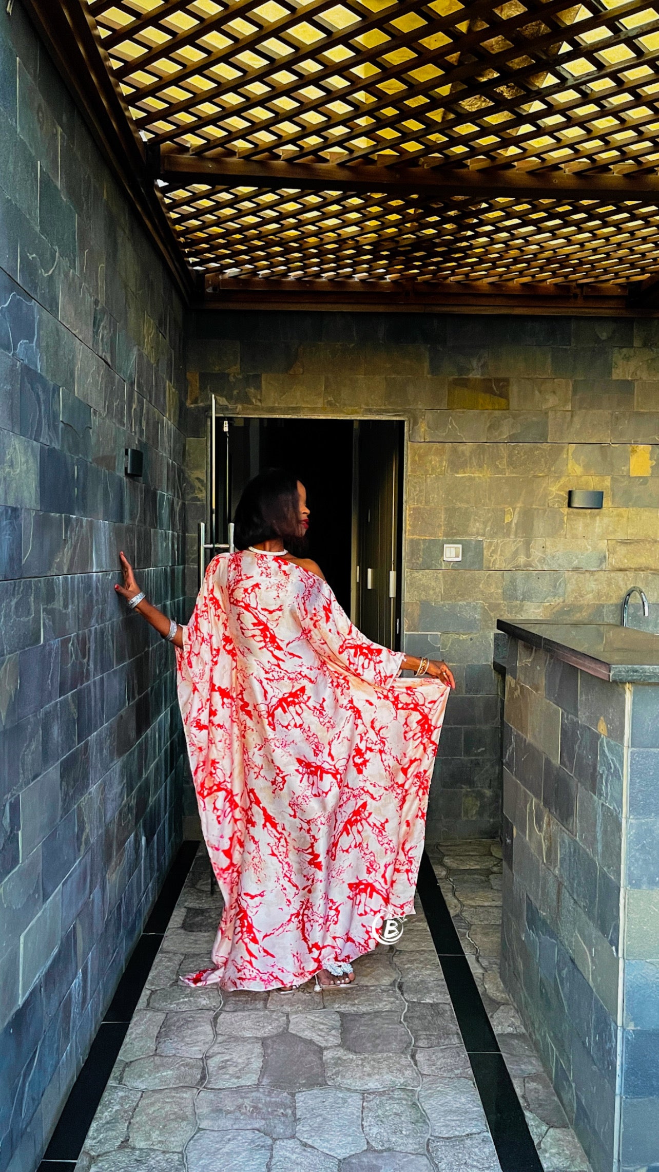 Red and White Abstract Pattern Butterfly Kaftan - Coastal Basics