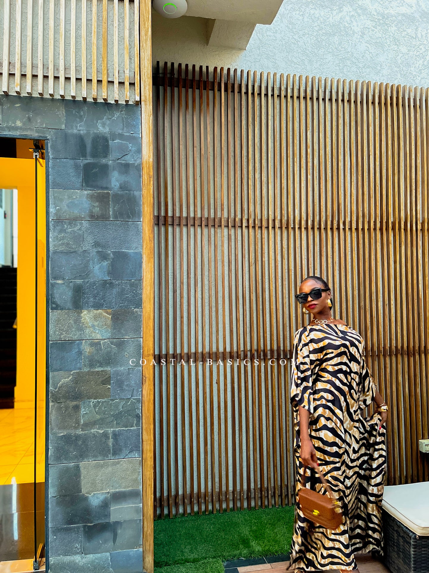 Brown Tiger Print Silk Slit Kaftan