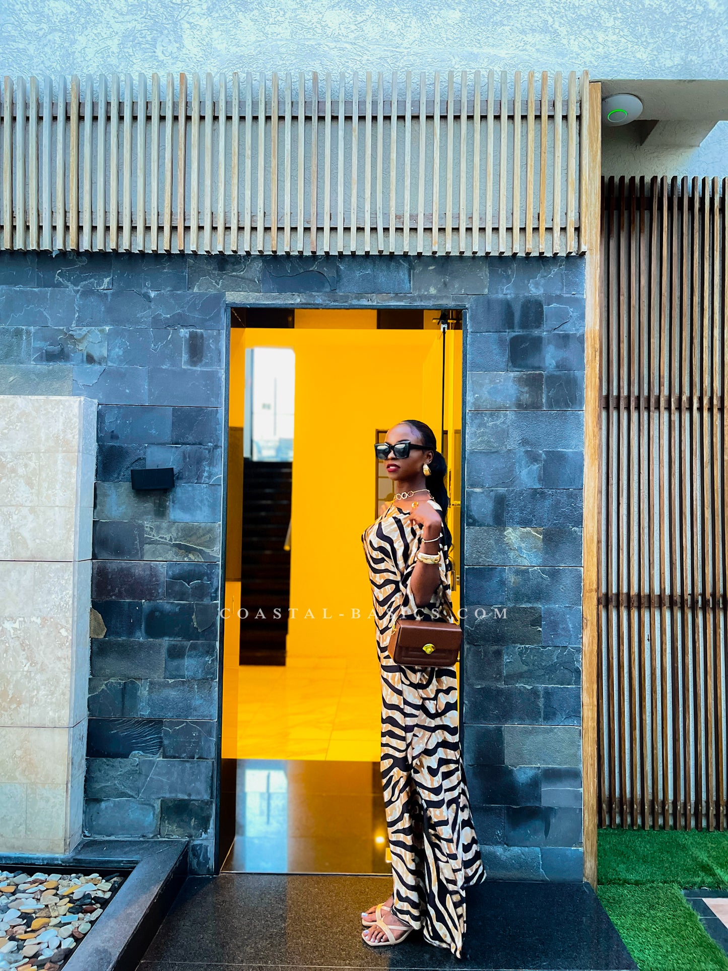 Brown Tiger Print Silk Slit Kaftan
