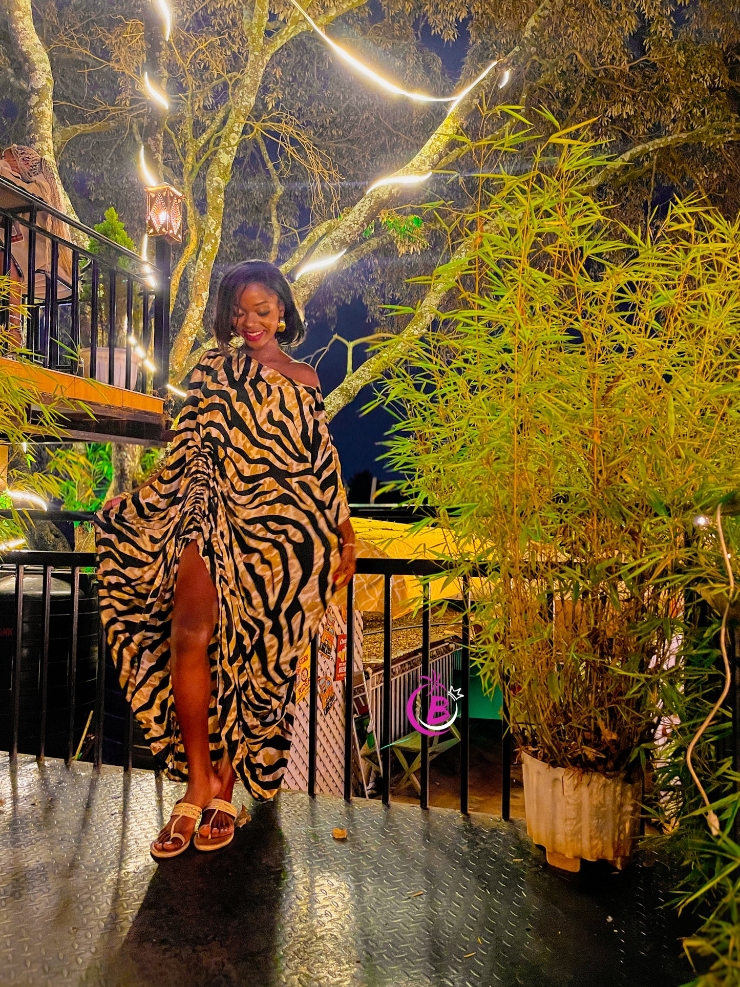 Brown Tiger Print Silk Slit Kaftan
