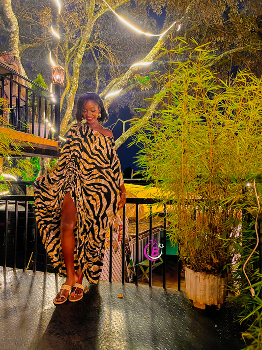 Brown Tiger Print Silk Slit Kaftan