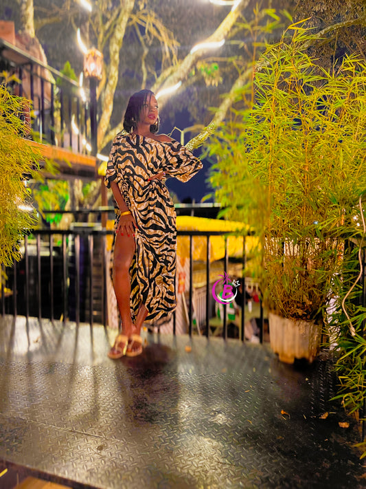 Brown Tiger Print Silk Slit Kaftan