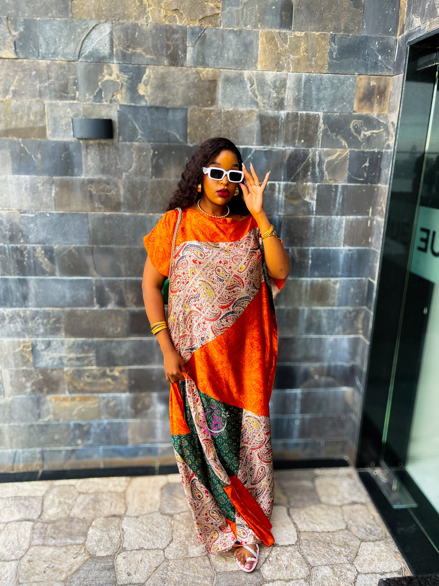 Orange Tribal Pattern Silk Dera